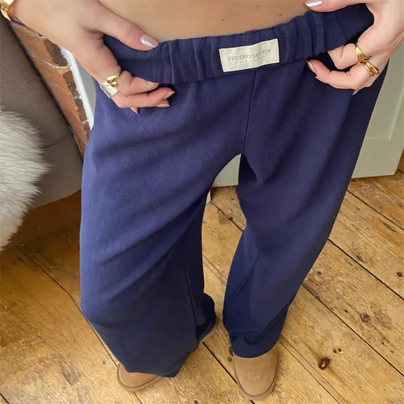 Y2K Baggy Pants - 2000s Aesthetic Women Casual Solid Color Elastic Low Waist Lounge Trousers