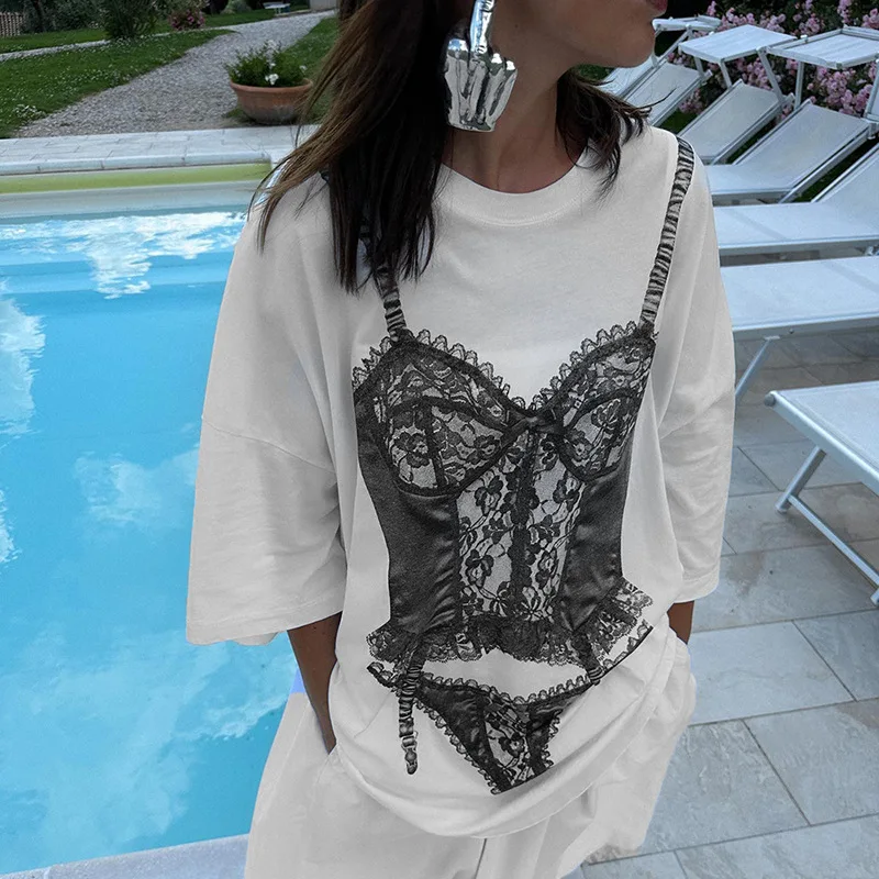 Y2k Baggy White T-shirt Graphic Streetwear Women Tops Tees 2024 Summer Bikini Oversized Casual