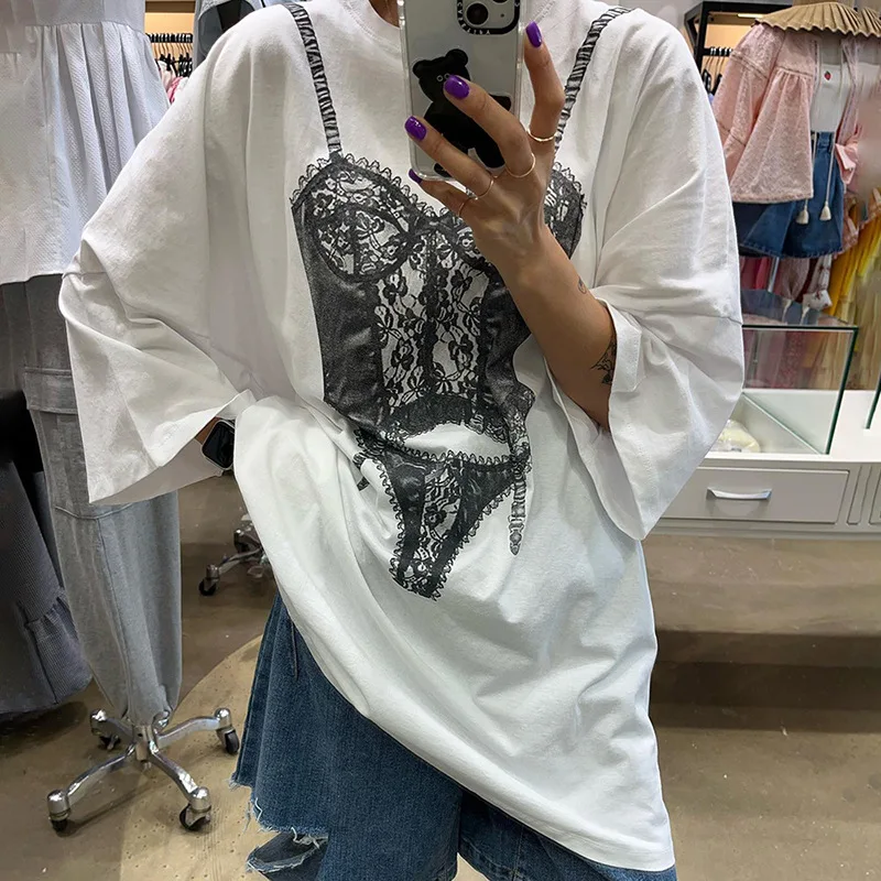 Y2k Baggy White T-shirt Graphic Streetwear Women Tops Tees 2024 Summer Bikini Oversized Casual