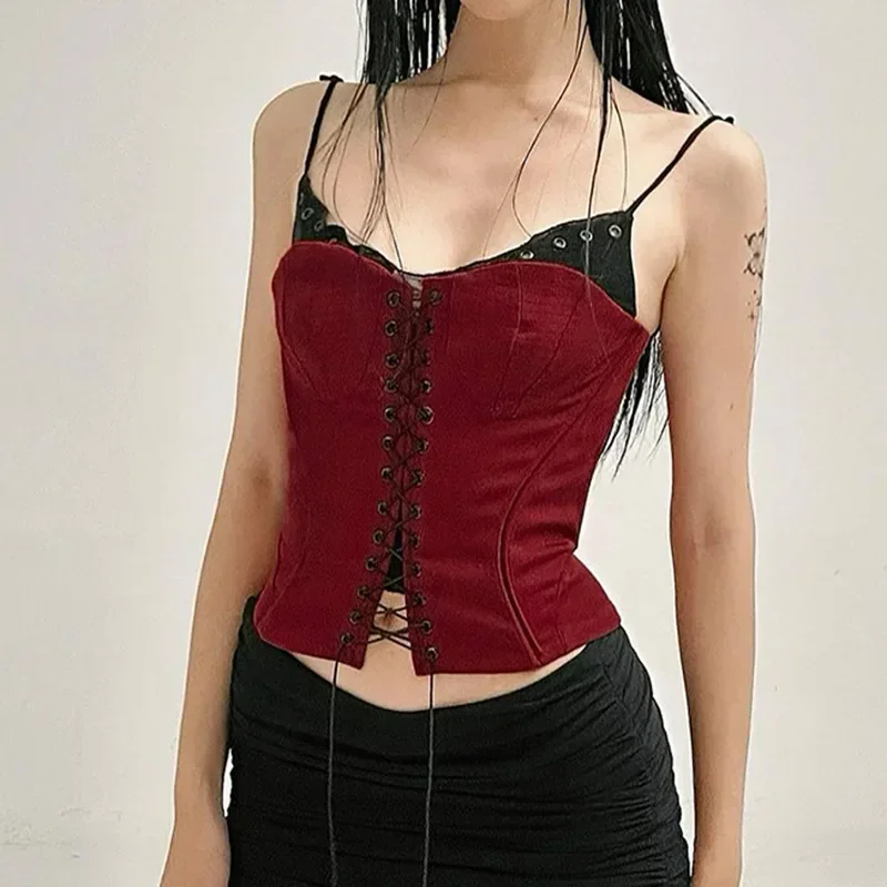 Y2K Bandage Patchwork Red Camis Top - Gothic Dark Slim Fit Tank Top