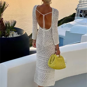 Y2K Beach Party Backless Crochet Knit Long Dress - Hollow-Out O-Neck Wrap Bodycon