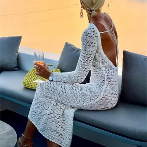 Y2K Beach Party Backless Crochet Knit Long Dress - Hollow-Out O-Neck Wrap Bodycon