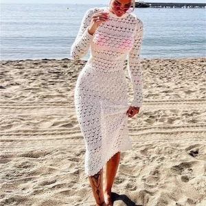 Y2K Beach Party Backless Crochet Knit Long Dress - Hollow-Out O-Neck Wrap Bodycon