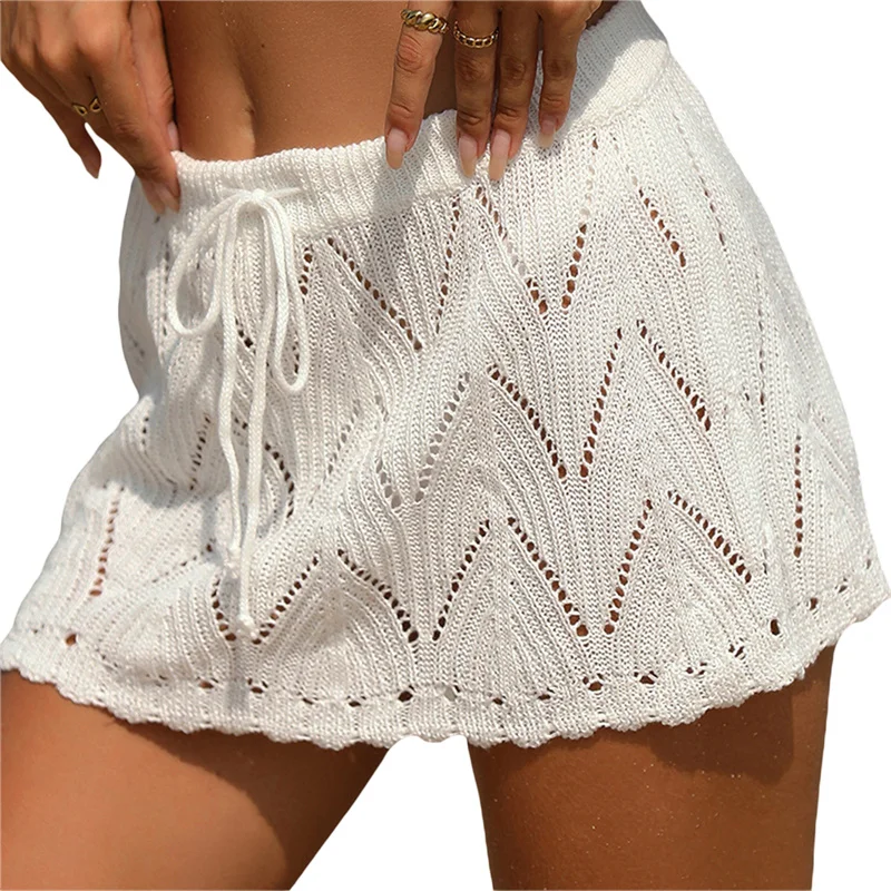 Y2K Beach Skirt Cover Up - Solid Color Drawstring High Waist Knitted Mini Skirt