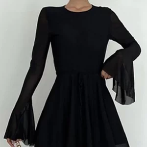 Y2K Black Backless Flare Sleeve Mesh Mini Dress - Elegant Party Prom Outfit