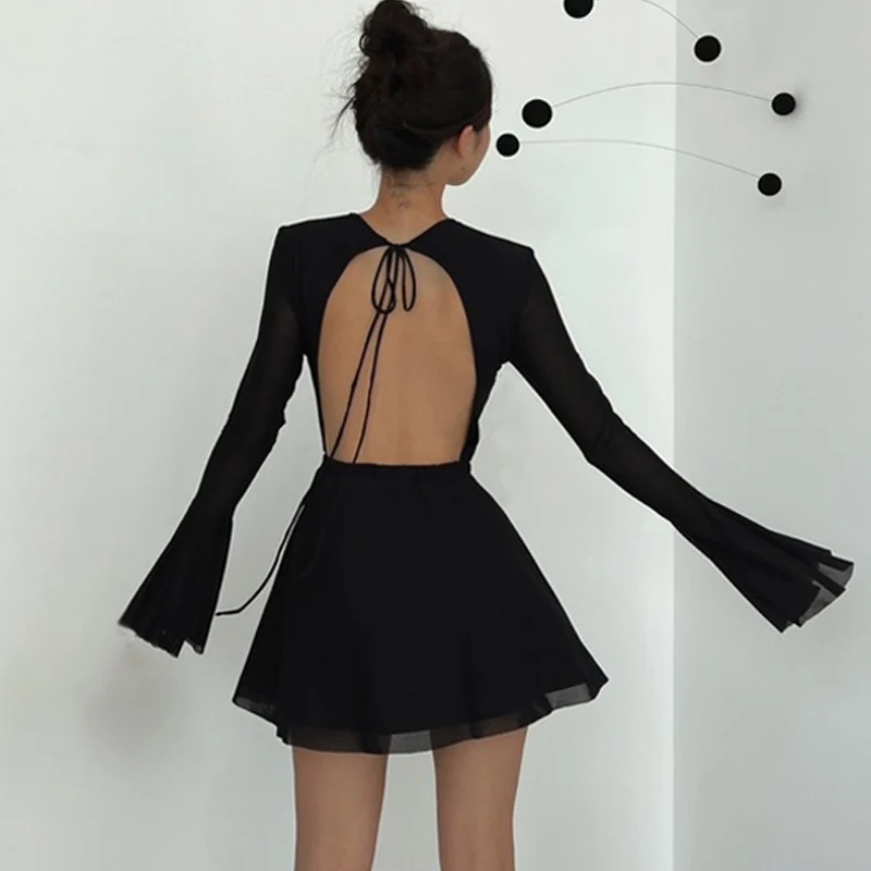 Y2K Black Backless Flare Sleeve Mesh Mini Dress - Elegant Party Prom Outfit