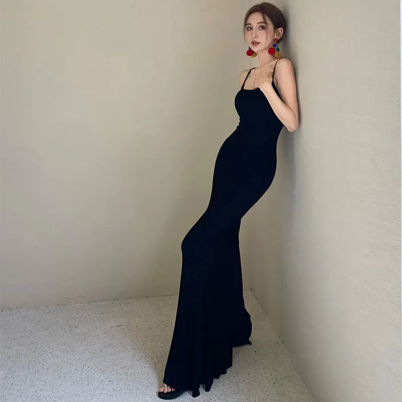 Y2K Black Camis Dress - Sexy Backless Sleeveless Midi Dress