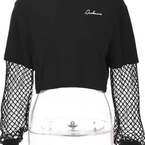 Y2K Black Fishnet Patchwork Hoodie - Mesh Long Sleeve Pullover