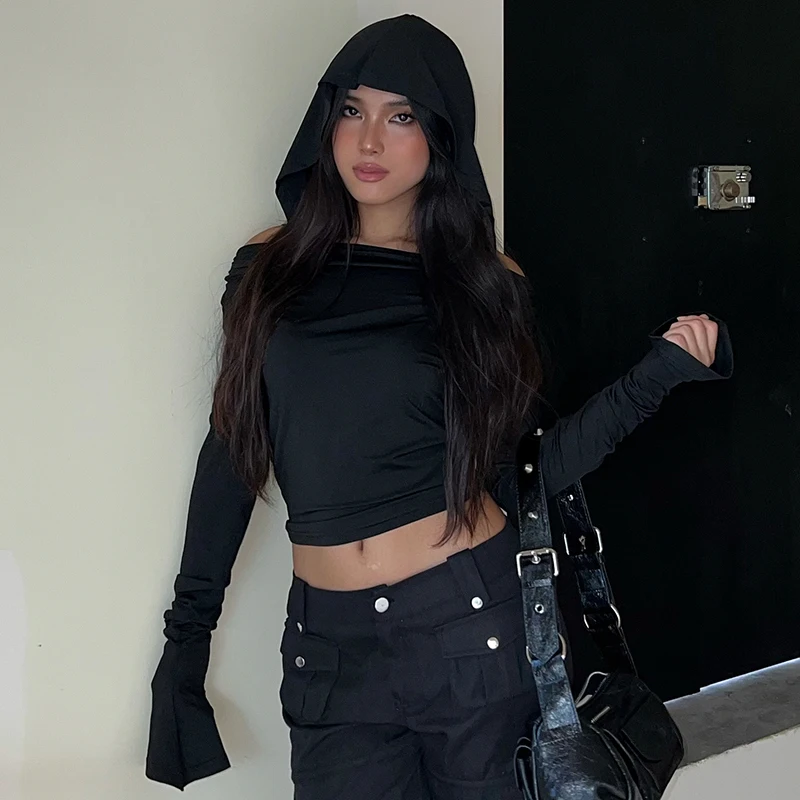 Y2K Black Folds Crop Top Hooded Full Sleeve T-Shirt - Punk Gothic Fashion Streetwear Grunge