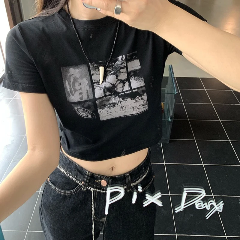 Y2K Black Goth Vintage Grunge Graphic Crop Top Streetwear Summer Punk Casual Women T-Shirt