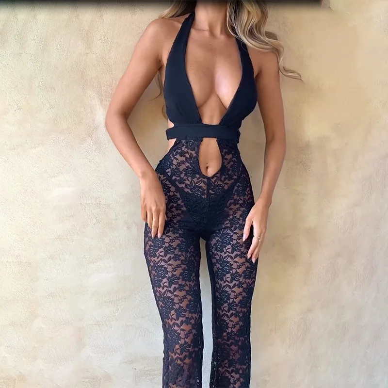 Y2K Black Lace Sheer Jumpsuit - Halter Sleeveless Backless Flare Pants Romper