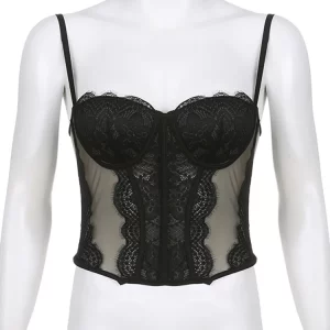 Y2K Black Lace Trim Corset Top - Patchwork Backless Pin Up Mini Vest - Sexy Retro Party Camis