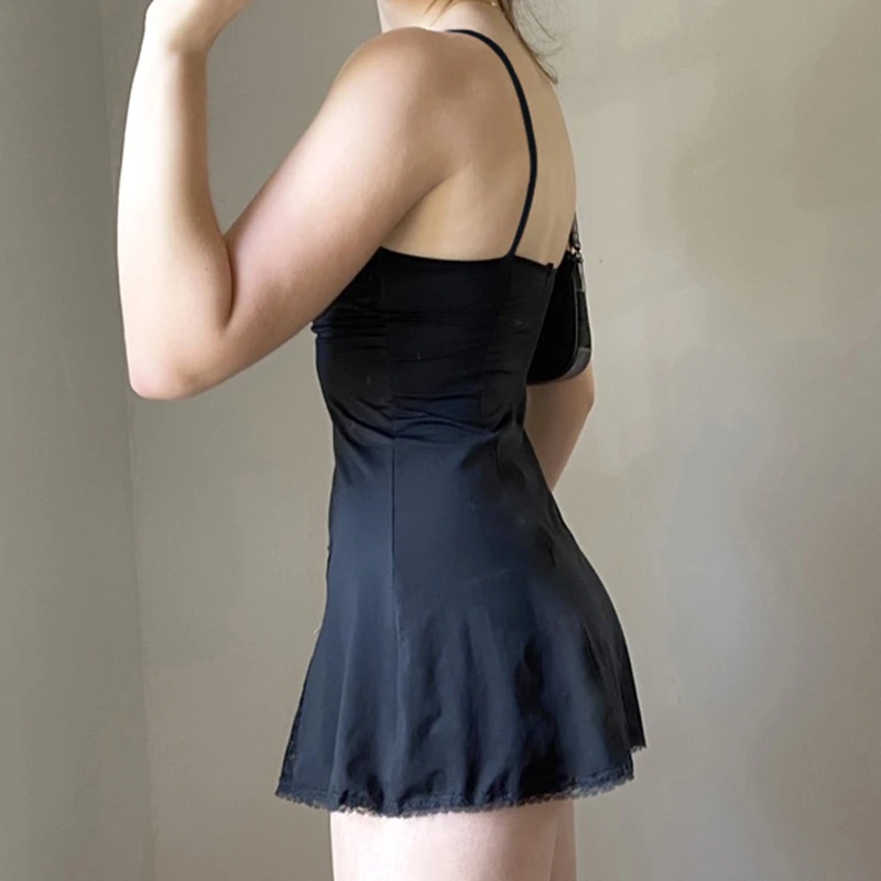 Y2K Black Mini Dress: Sweet Lace Trim Sleeveless V-Neck with Bow - Aesthetic Goth Style