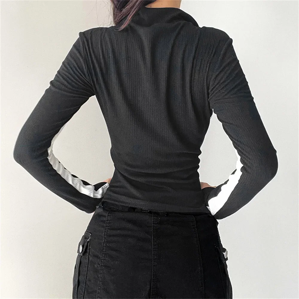 Y2K Black Patchwork Zipper Crop Top - Ribbed Stand Collar Slim Jacket