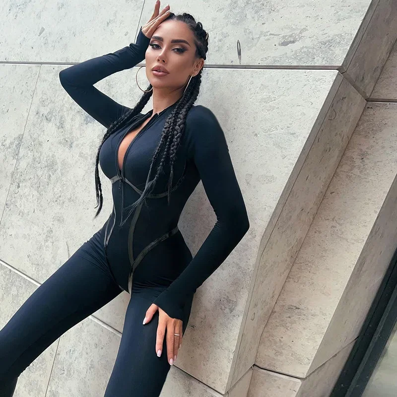 Y2K Black Sexy Skinny Jumpsuit - Zipper Sporty Rompers