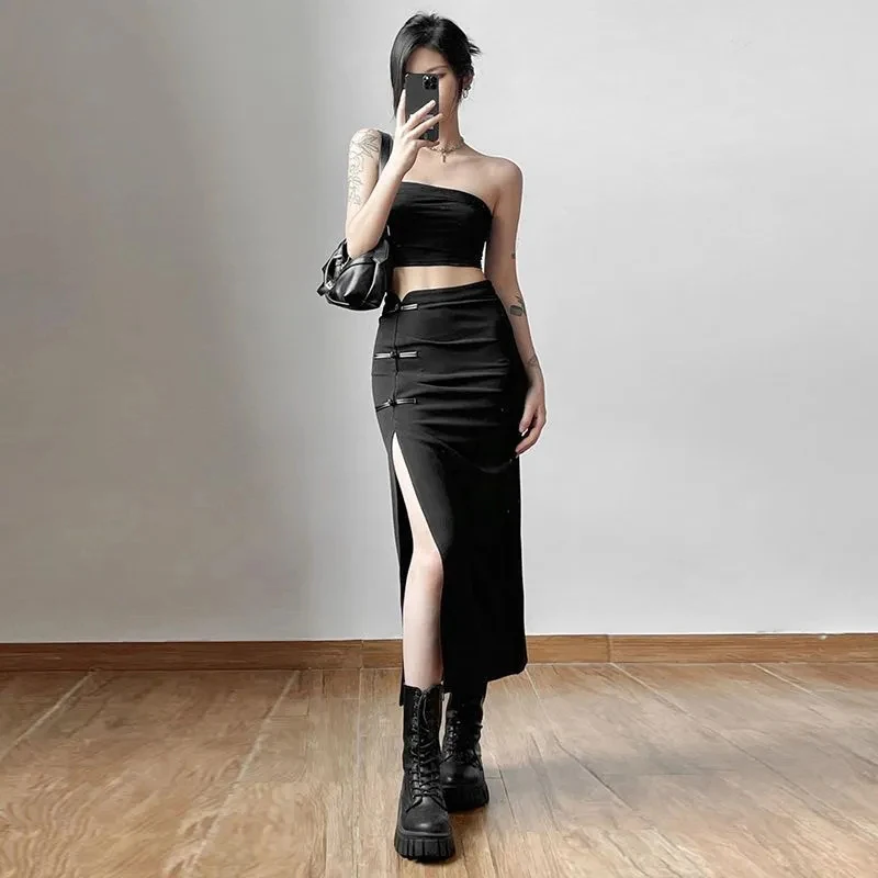 Y2K Black Sexy Split Midi Skirt - Casual Korean Slim A-Line Gothic Streetwear