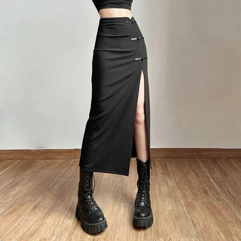 Y2K Black Sexy Split Midi Skirt - Casual Korean Slim A-Line Gothic Streetwear