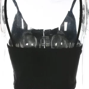 Y2K Black Sexy Tank Top - Chic Fitness Button Tee - Backless Spaghetti Strap Crop Top - Streetwear