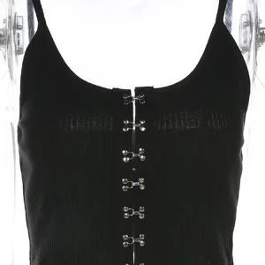 Y2K Black Sexy Tank Top - Chic Fitness Button Tee - Backless Spaghetti Strap Crop Top - Streetwear