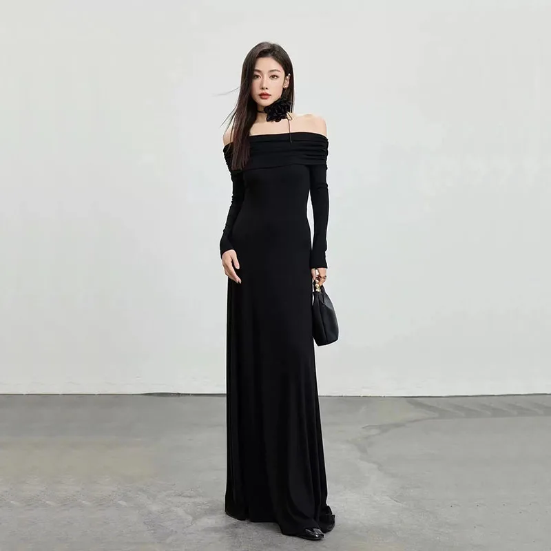 Y2K Black Slash Neck Midi Dress - Elegant Club Vestidos