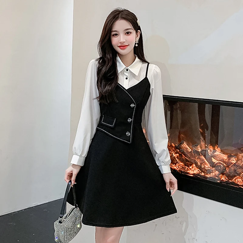 Y2K Black Splicing Dress - Streetwear Mini Dress with Long Sleeves