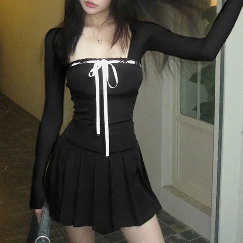 Y2K Black Square Collar Lace-up Bow A-line Mini Dress - Elegant Retro Style