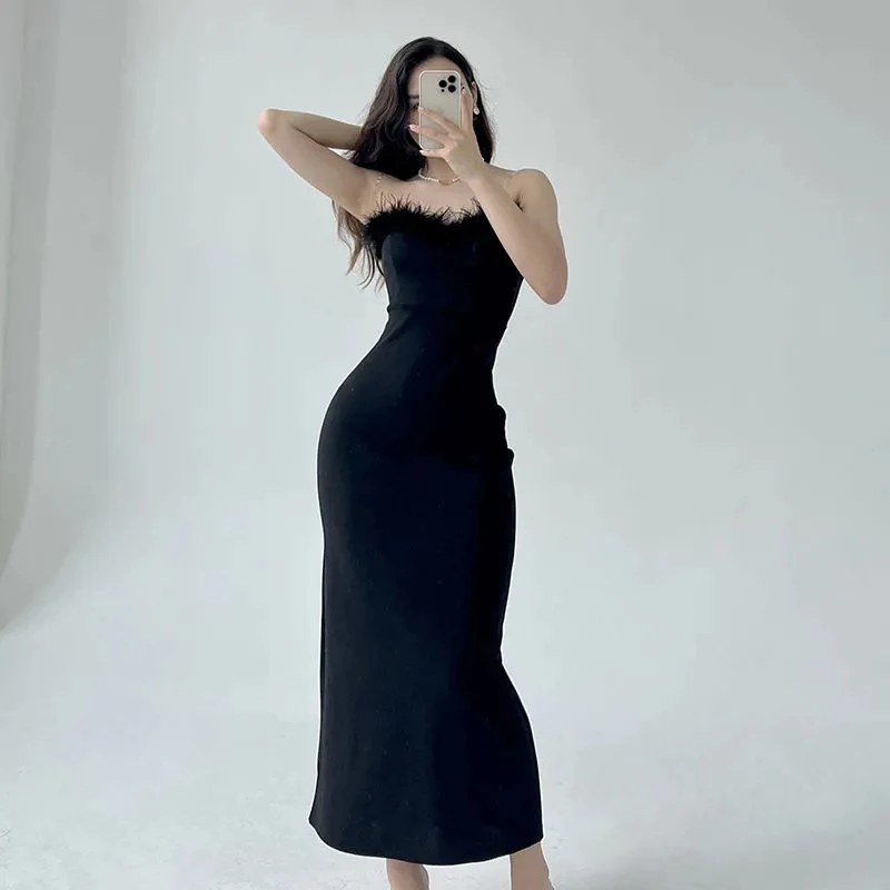 Y2K Black Strapless Slim Dress - Sleeveless Sexy Off-Shoulder Midi for Women