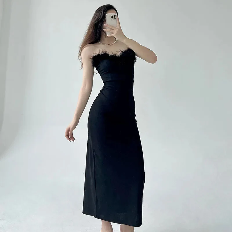 Y2K Black Strapless Slim Dress - Sleeveless Sexy Off-Shoulder Midi for Women