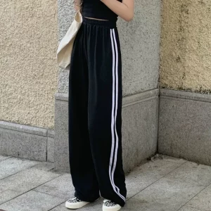 Y2K Black Stripe Sweatpants - High Waist Baggy Wide Leg Pants