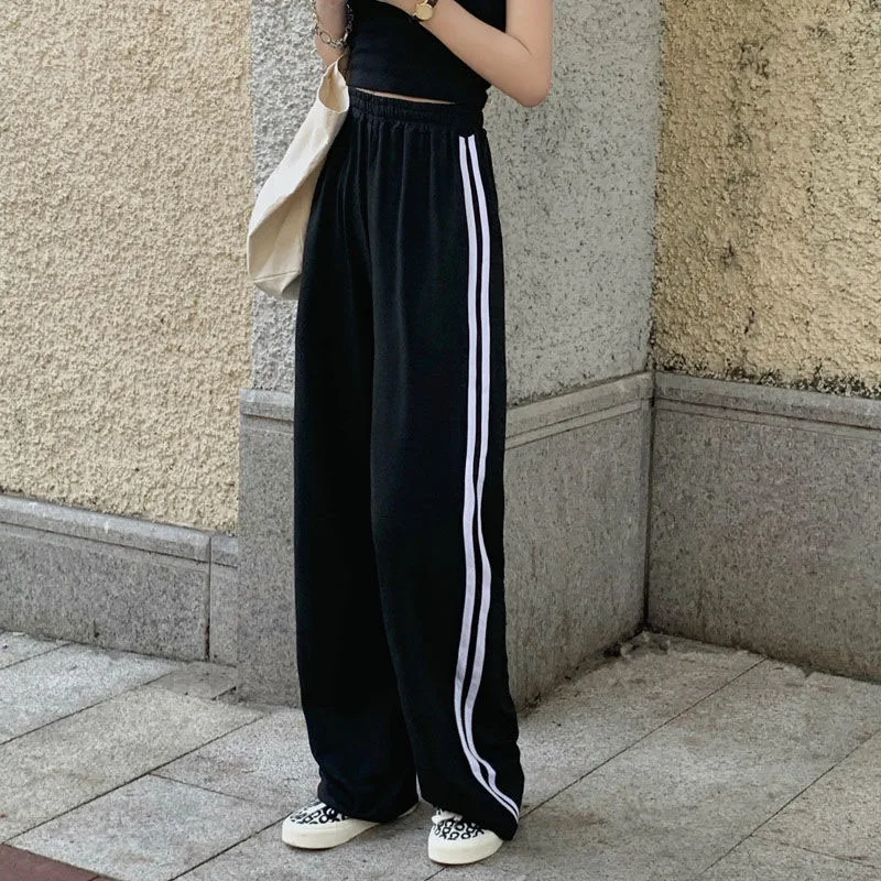 Y2K Black Stripe Sweatpants - High Waist Baggy Wide Leg Pants