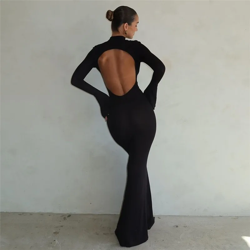 Y2K Black Turtleneck Backless Maxi Dress - Sexy Elegant Evening Trumpet Sleeves