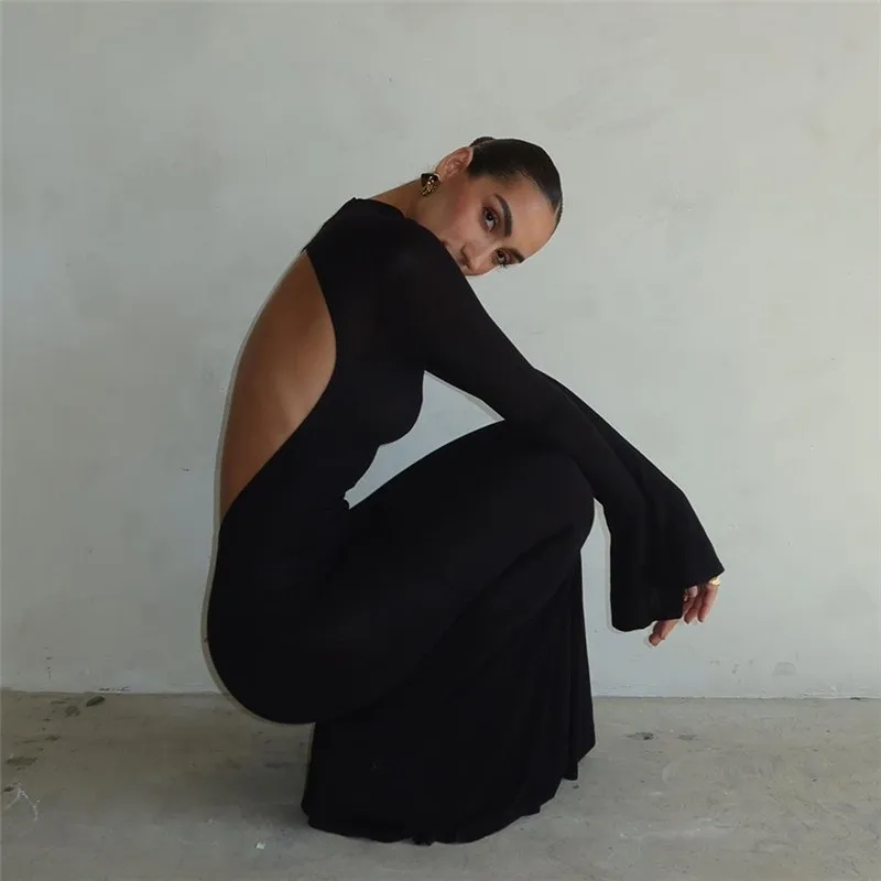 Y2K Black Turtleneck Backless Maxi Dress - Sexy Elegant Evening Trumpet Sleeves