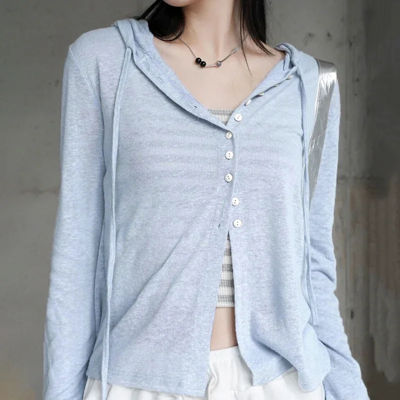 Y2K Blue Casual Hooded Cardigan - Chic Sun Protection Shirt