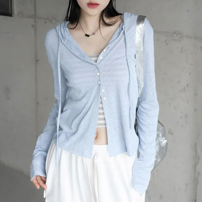 Y2K Blue Casual Hooded Cardigan - Chic Sun Protection Shirt