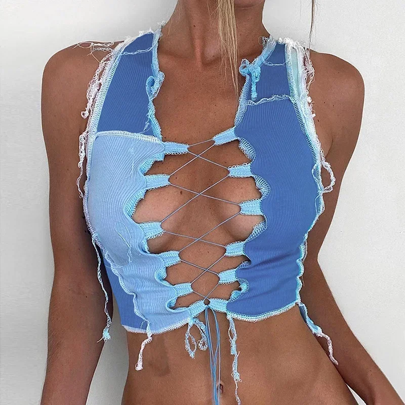 Y2K Blue Cut-Out Crop Top - Punk Bandage Camisole for Summer Clubwear