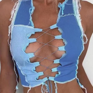 Y2K Blue Cut-Out Crop Top - Punk Bandage Camisole for Summer Clubwear