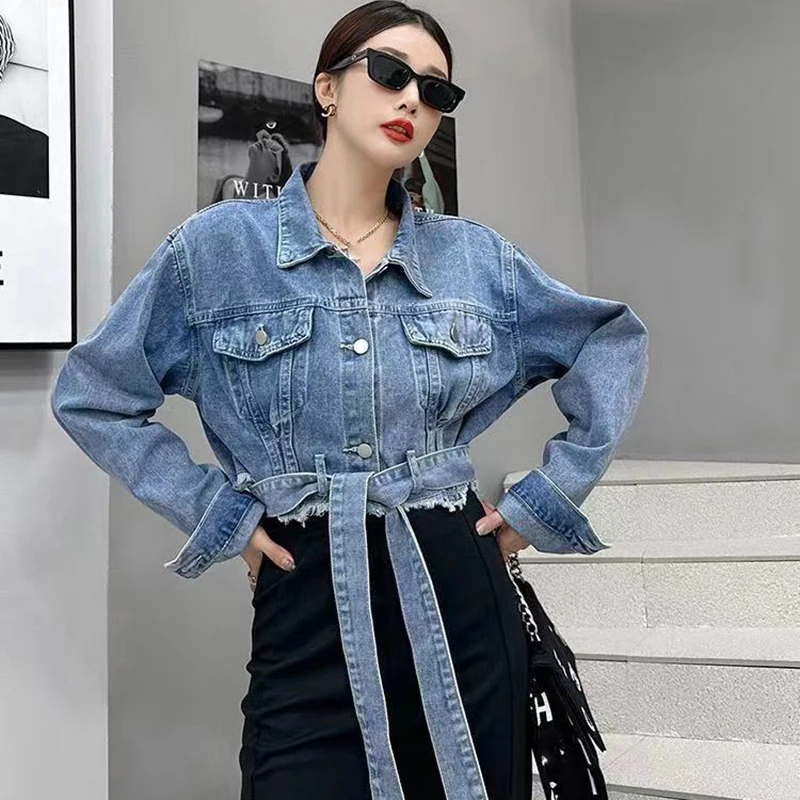 Y2K Blue Denim Jacket: High Waist Lace-Up Jean Outwear