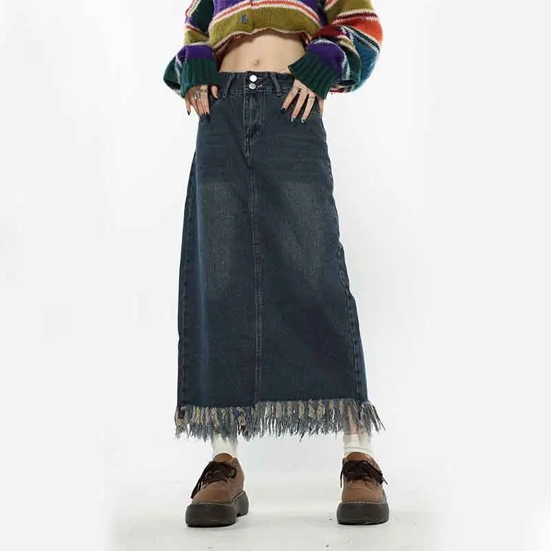 Y2K Blue Tassel Denim Skirt - High Waist Streetwear Midi Skirt