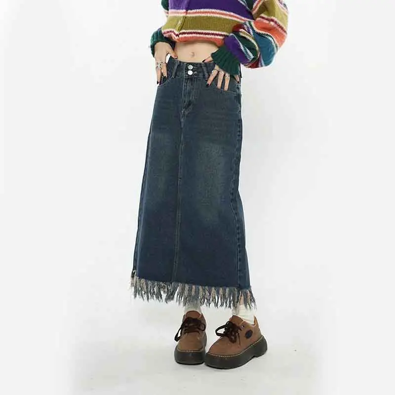 Y2K Blue Tassel Denim Skirt - High Waist Streetwear Midi Skirt