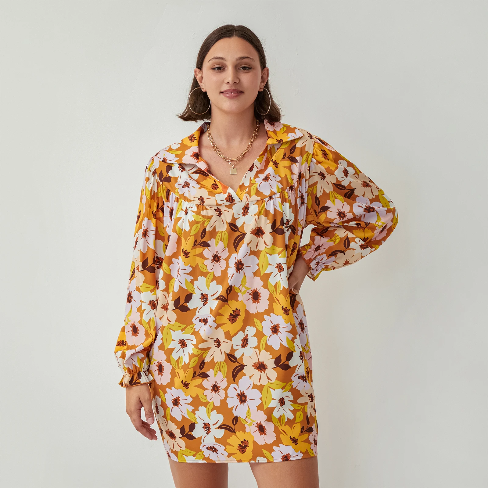 Y2K Boho Flower Print V-Neck Loose Dress - Summer Shirt Dress