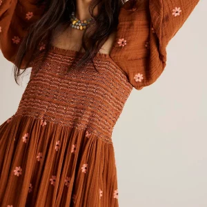 Y2K Boho Flowy Embroidered Swing Dress - Square Neck Puff Sleeve Tiered Long Dress