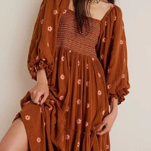 Y2K Boho Flowy Embroidered Swing Dress - Square Neck Puff Sleeve Tiered Long Dress