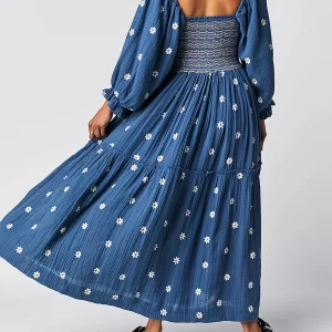 Y2K Boho Flowy Embroidered Swing Dress - Square Neck Puff Sleeve Tiered Long Dress