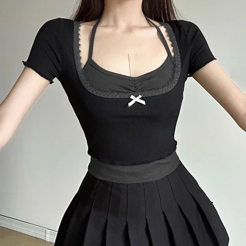 Y2K Bow Lace Stitching Contrast Patchwork Two-piece Top - Korean Style Women's Summer T-shirt