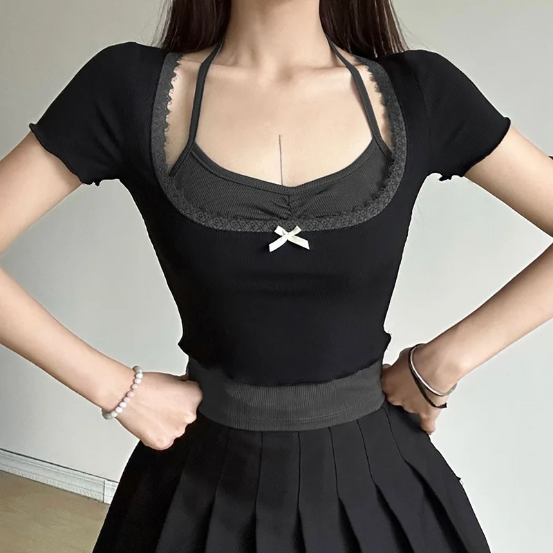 Y2K Bow Lace Stitching Contrast Patchwork Two-piece Top - Korean Style Women's Summer T-shirt