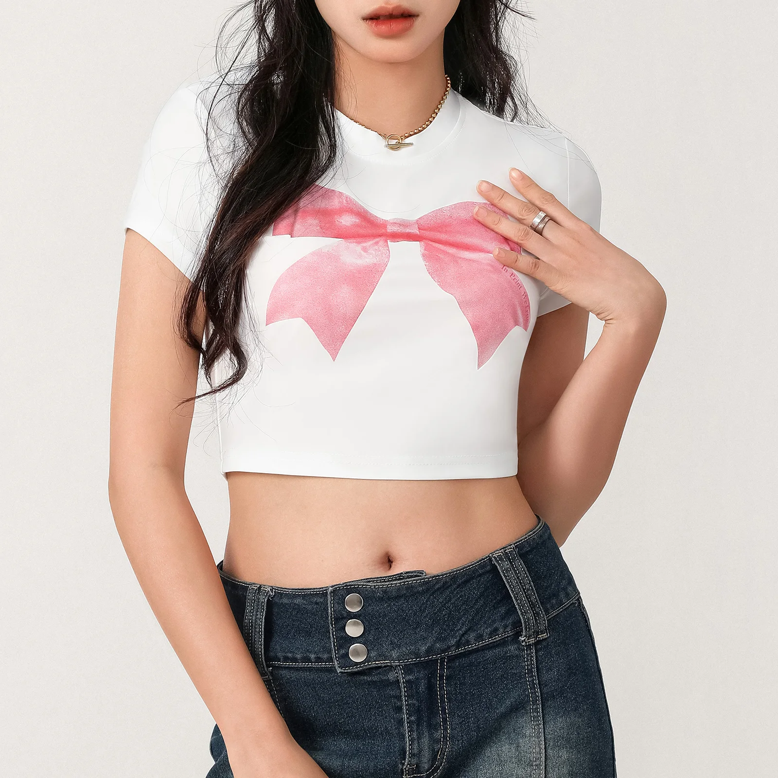 Y2K Bow Print Crop Top - Slim Fit Round Neck Short Sleeve Tee for Summer