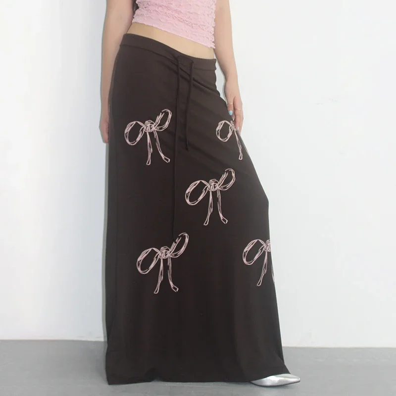 Y2K Bow Print Knitted Fairycore Midi Skirt - Vintage Chic Outfit