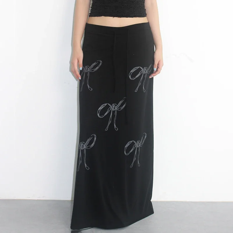 Y2K Bow Print Knitted Fairycore Midi Skirt - Vintage Chic Outfit