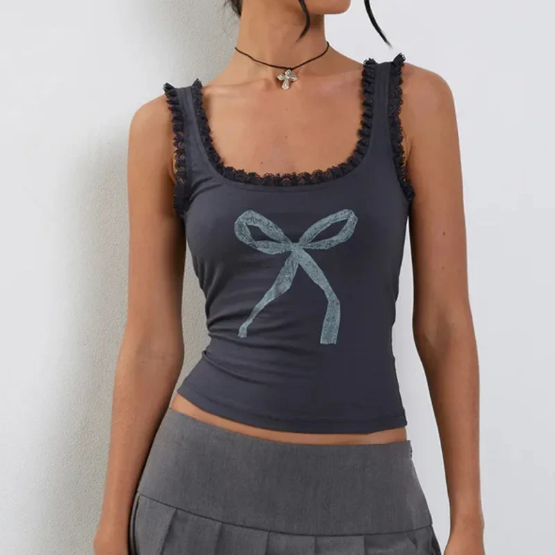 Y2K Bow Print Tank Top - Vintage Sleeveless Crop Top for Women