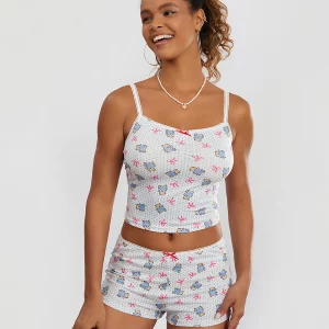 Y2K Bow&Bear Print Sleeveless Crop Cami Top and Shorts Set